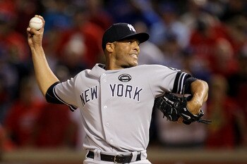 ARLINGTON, TX - OCTOBER 22:  Mariano Rivera #42 of the New York Yankees throws a pitch against the Texas Rangers in Game Six of the ALCS during the 2010 MLB Playoffs at Rangers Ballpark in Arlington on October 22, 2010 in Arlington, Texas.  (Photo by Step