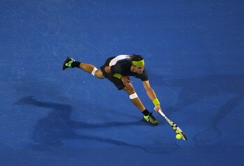 MELBOURNE, AUSTRALIA - JANUARY 30:  Rafael Nadal of Spain plays a forehand in his semifinal match against Fernando Verdasco of Spain during day twelve of the 2009 Australian Open at Melbourne Park on January 30, 2009 in Melbourne, Australia.  (Photo by Ca