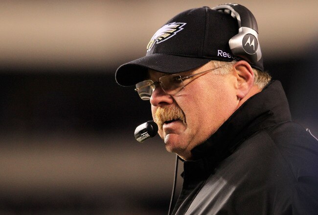 PHILADELPHIA, PA - JANUARY 09:  Head coach Andy Reid of the Philadelphia Eagles looks on against the Green Bay Packers during the 2011 NFC wild card playoff game at Lincoln Financial Field on January 9, 2011 in Philadelphia, Pennsylvania.  (Photo by Chris