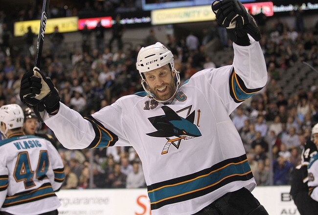 DALLAS, TX - MARCH 15:  Center Joe Thornton #19 of the San Jose Sharks celebrates a goal against the Dallas Stars at American Airlines Center on March 15, 2011 in Dallas, Texas.  (Photo by Ronald Martinez/Getty Images)