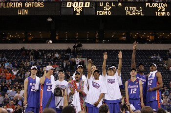 Florida celebrates a national championship after defeating UCLA 73-57 in  the RCA Dome.