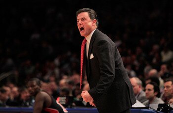 NEW YORK, NY - MARCH 11:  head coach Rick Pitino of the Louisville Cardinals looks on from the bench during the game against the Notre Dame Fighting Irish during the semifinals of the 2011 Big East Men's Basketball Tournament presented by American Eagle O