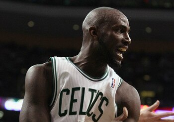 BOSTON, MA - MARCH 04:  Kevin Garnett #5 of the Boston Celtics celebrates the jump ball in the fourth quarter against the Golden State Warriors on March 4, 2011 at the TD Garden in Boston, Massachusetts.  The Celtics defeated the Warriors 107-103. NOTE TO