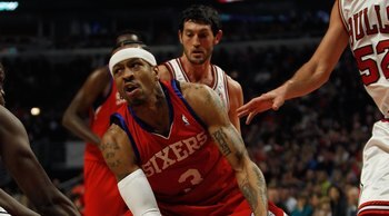 CHICAGO - FEBRUARY 20: Allen Iverson #3 of the Philadelphia 76ers moves against the Chicago Bulls at the United Center on February 20, 2010 in Chicago, Illinois. The Bulls defeated the 76ers 122-90. NOTE TO USER: User expressly acknowledges and agrees tha