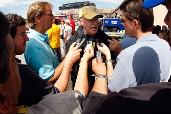 BROOKLYN, MI - JUNE 13:  Jim Hunter, Vice President of Corporate Communications for NASCAR talks with reporters before practice for the NASCAR Sprint Cup Series Lifelock 400 at the Michigan International Speedway on June 13, 2008 in Brooklyn, Michigan.  (