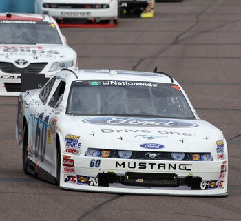 AVONDALE, AZ - FEBRUARY 26:  Carl Edwards, driver of the #60 Ford Drive One Ford, leads a line of cars during the NASCAR Nationwide Series Bashas' Supermarkets 200 at Phoenix International Raceway on February 26, 2011 in Avondale, Arizona.  (Photo by Chri