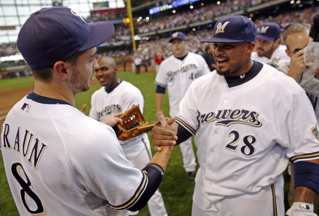 MILWAUKEE - SEPTEMBER 28:  Prince Fielder #28 of the Milwaukee Brewers congratulates teammate Ryan Braun #8 as they celebrate clinching the National League Wild Card after the game against the Chicago Cubs at Miller Park on September 28, 2008 in Milwaukee