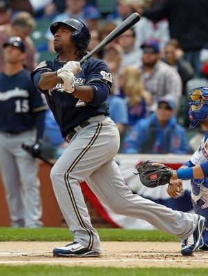 CHICAGO - APRIL 12: Rickie Weeks #23 of the Milwaukee Brewers hits the ball against the Chicago Cubs on Opening Day at Wrigley Field on April 12, 2010 in Chicago, Illinois. The Cubs defeated the Brewers 9-5. (Photo by Jonathan Daniel/Getty Images)