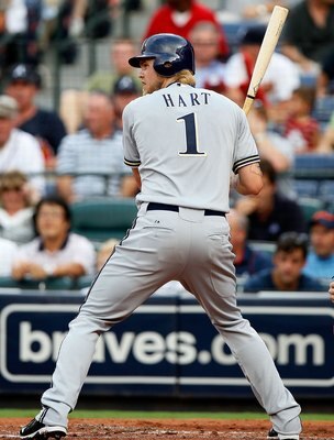 ATLANTA - JULY 15:  Corey Hart #1 of the Milwaukee Brewers against the Atlanta Braves at Turner Field on July 15, 2010 in Atlanta, Georgia.  (Photo by Kevin C. Cox/Getty Images)
