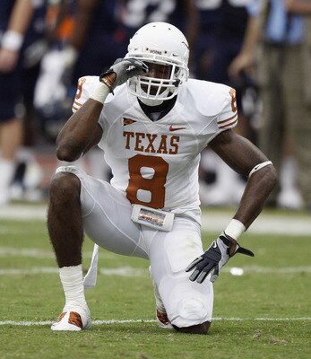 HOUSTON - SEPTEMBER 04:  Cornerback Chykie Brown #8 of the Texas Longhorns reacts after almost intercepting a pass against the Rice Owls at Reliant Stadium on September 4, 2010 in Houston, Texas. Texas beat Rice 34-17.  (Photo by Bob Levey/Getty Images)