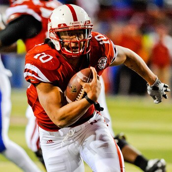 LINCOLN, NE - NOVEMBER 13: Roy Helu Jr. #10 of the Nebraska Cornhuskers runs for the endzone the Kansas Jayhawks during their game at Memorial Stadium on November 13, 2010 in Lincoln, Nebraska. Nebraska Defeated Kansas 20-3. (Photo by Eric Francis/Getty I