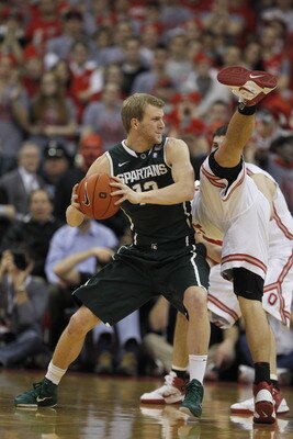 COLUMBUS, OH - FEBRUARY 15:  Austin Thornton #13 of the Michigan State Spartans looks for a shot while playing the Ohio State Buckeyes on February 15, 2011 at Value City Arena in Columbus, Ohio.  (Photo by Gregory Shamus/Getty Images)