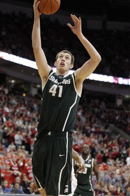COLUMBUS, OH - FEBRUARY 15:  Garrick Sherman #41 of the Michigan State Spartans gets a shot off while playing the Ohio State Buckeyes on February 15, 2011 at Value City Arena in Columbus, Ohio.  (Photo by Gregory Shamus/Getty Images)