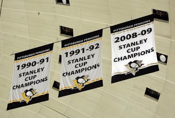 PITTSBURGH, PA - OCTOBER 07:  General View of the Stanley Cup Championship banners that hang at Mellon Arena on October 07, 2009 in Pittsburgh, Pennsylvania.  (Photo by Justin K. Aller/Getty Images)
