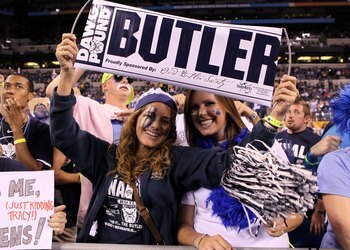 INDIANAPOLIS - APRIL 05:  Fans of the Butler Bulldogs support their team against the Duke Blue Devils during the 2010 NCAA Division I Men's Basketball National Championship game at Lucas Oil Stadium on April 5, 2010 in Indianapolis, Indiana.  (Photo by An