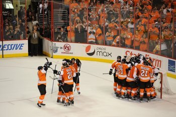 PHILADELHIA - MAY 24: The Philadelphia Flyers celebrate winning Game 5 of the Eastern Conference Finals against the Montreal Canadiens during the 2010 NHL Stanley Cup Playoffs at Wachovia Center on May 24, 2010 in Philadelphia, Pennsylvania. (Photo by: Mi