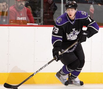 GLENDALE, AZ - SEPTEMBER 14:  Tyler Toffoli #73 of the Los Angeles Kings skates with the puck during the NHL Rookie game against the Phoenix Coyotes at Jobing.com Arena on September 14, 2010 in Glendale, Arizona.  (Photo by Christian Petersen/Getty Images