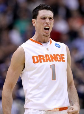 SALT LAKE CITY - MARCH 25:  Andy Rautins #1 of the Syracuse Orange yells against the Butler Bulldogs during the west regional semifinal of the 2010 NCAA men's basketball tournament at the Energy Solutions Arena on March 25, 2010 in Salt Lake City, Utah.