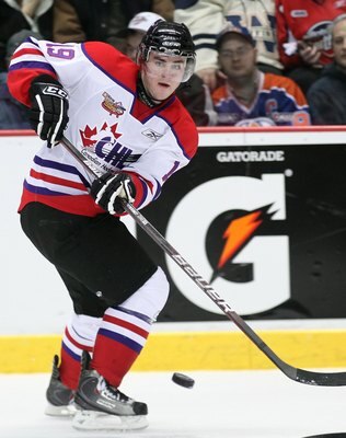 WINDSOR, ON - JANUARY 20:  Joey Hishon #19 of Team Orr fires a pass during the Home Hardware CHL/NHL Top Prospects game against Team Cherry on January 20, 2010 at the WFCU Centre in Windsor, Ontario. Team Cherry defeated Team Orr 4-2. (Photo by Claus Ande