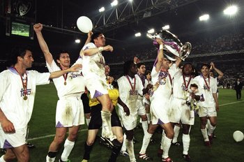 20 May 1998:  Real Madrid celebrate with the trophy after the Champions League final against Juventus at the Amsterdam Arena in Holland. Real Madrid won the match 1-0.  Mandatory Credit: Clive  Brunskill/Allsport