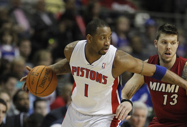 AUBURN HILLS, MI - FEBRUARY 11:  Tracy McGrady #1 of the Detroit Pistons controls the ball while playing the Miami Heat at The Palace of Auburn Hills on February 11, 2011 in Auburn Hills, Michigan.  (Photo by Gregory Shamus/Getty Images)