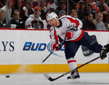 PHILADELPHIA, PA - MARCH 22:  Dennis Wideman #6 of the Washington Capitals shoots during an NHL hockey game against the Philadelphia Flyers at the Wells Fargo Center on March 22, 2011 in Philadelphia, Pennsylvania.  (Photo by Paul Bereswill/Getty Images)