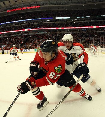 CHICAGO, IL - MARCH 23: Michael Frolik #67 of the Chicago Blackhawks skates against the Florida Panthers at the United Center on March 23, 2011 in Chicago, Illinois.  (Photo by Bruce Bennett/Getty Images)