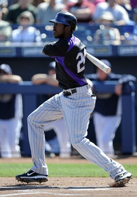 PEORIA, AZ - MARCH 02:  Dexter Fowler #24 of the Colorado Rockies at bat against the San Diego Padres during spring training at Peoria Stadium on March 2, 2011 in Peoria, Arizona.  (Photo by Harry How/Getty Images)