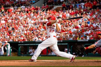 ST. LOUIS - MAY 31: David Freese #23 of the St. Louis Cardinals bats against the Cincinnati Reds at Busch Stadium on May 31, 2010 in St. Louis, Missouri.  (Photo by Dilip Vishwanat/Getty Images)
