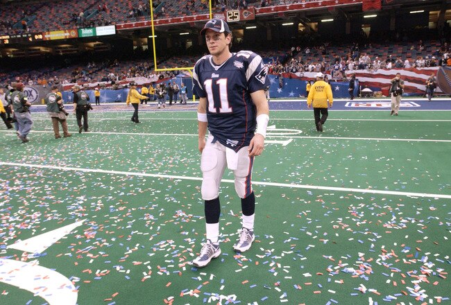 03 Feb 2002:   Drew Bledsoe of the New England Patriots leaves the field after Superbowl XXXVI at the Superdome in New Orleans, Louisiana.  The Patriots won over the St.Louis Rams 20-17, with a 48-yard field goal by kicker Adam Vinatieri with 10 seconds l