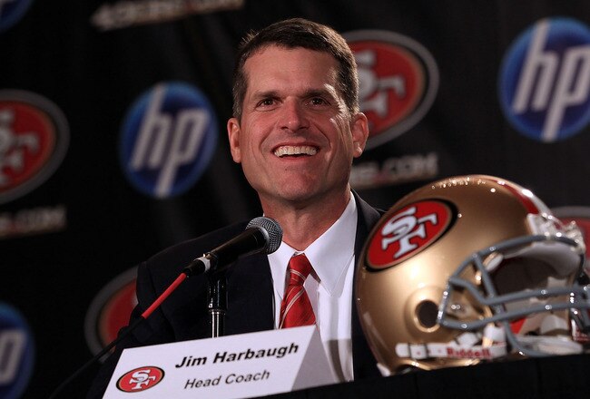 SAN FRANCISCO, CA - JANUARY 07:  Jim Harbaugh speaks at a press conference where he was introduced as the new San Francisco 49ers head coach at the Palace Hotel on January 7, 2011 in San Francisco, California.  (Photo by Ezra Shaw/Getty Images)