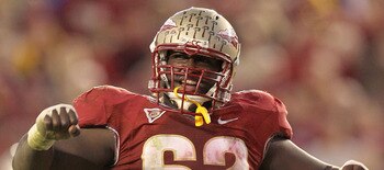 TALLAHASSEE, FL - NOVEMBER 27: Rodney Hudson #62 of the Florida State Seminoles celebrates a touchdown during a game against the Florida Gators at Doak Campbell Stadium on November 27, 2010 in Tallahassee, Florida.  (Photo by Mike Ehrmann/Getty Images)