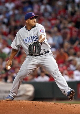 CINCINNATI, OH - SEPTEMBER 28: Carlos Zambrano #38  of the Chicago Cubs delivers the pitch during the game against the Cincinnati Reds on September 28, 2007 at Great American Ballpark in Cincinnati, Ohio.  The Cubs defeated the Reds 6-0.  (Photo by Mark L