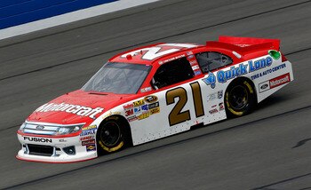FONTANA, CA - MARCH 26:  Trevor Bayne, driver of the #21 Motorcraft/Quick Lane Ford, practices for the NASCAR Sprint Cup Series Auto Club 400 at Auto Club Speedway on March 26, 2011 in Fontana, California.  (Photo by Tom Pennington/Getty Images)