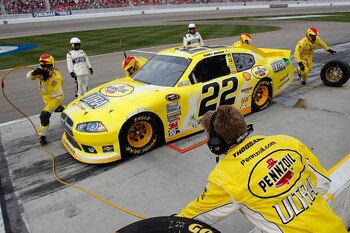 LAS VEGAS, NV - MARCH 06: Kurt Busch, driver of the #22 Shell/Pennzoil Ultra Dodge, comes in for a pit stop during the NASCAR Sprint Cup Series Kobalt Tools 400 at Las Vegas Motor Speedway on March 6, 2011 in Las Vegas, Nevada.  (Photo by Todd Warshaw/Get