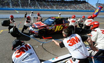AVONDALE, AZ - FEBRUARY 27:  Greg Biffle, driver of the #16 3M Ford, makes a pit stop during the NASCAR Sprint Cup Series Subway Fresh Fit 500 at Phoenix International Raceway on February 27, 2011 in Avondale, Arizona.  (Photo by Jared C. Tilton/Getty Ima