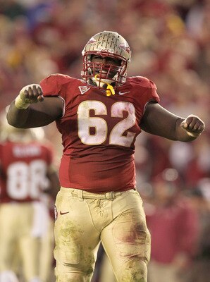 TALLAHASSEE, FL - NOVEMBER 27: Rodney Hudson #62 of the Florida State Seminoles celebrates a touchdown during a game against the Florida Gators at Doak Campbell Stadium on November 27, 2010 in Tallahassee, Florida.  (Photo by Mike Ehrmann/Getty Images)