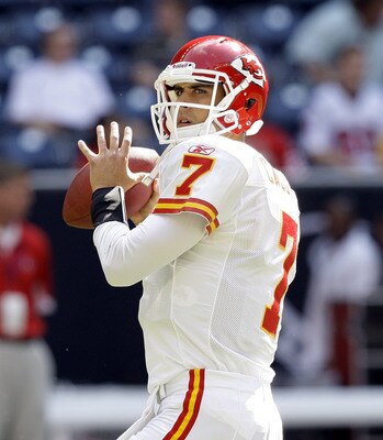 HOUSTON - OCTOBER 17:  Quarterback Matt Cassel #7 of the Kansas City Chiefs throws passes during warm ups before playing the Houston Texans at Reliant Stadium on October 17, 2010 in Houston, Texas.  (Photo by Bob Levey/Getty Images)