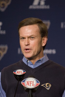 ST. LOUIS, MO. - JANUARY 19: St. Louis Rams' general manager Billy Devaney introduces newly appointed head coach Steve Spagnuolo during a press conference on January 19, 2009 at the Russell Training Center in St. Louis, Missouri.  (Photo by Dilip Vishwana