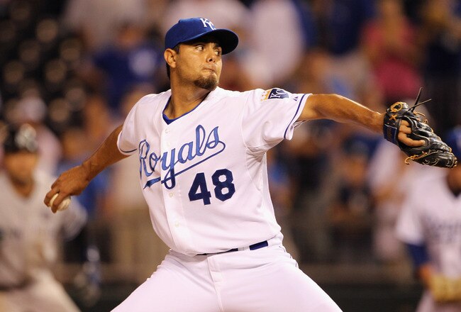 KANSAS CITY, MO - AUGUST 13:  Pitcher Joakim Soria #48 of the Kansas City Royals pitches during the game against the New York Yankees on August 13, 2010 at Kauffman Stadium in Kansas City, Missouri.  (Photo by Jamie Squire/Getty Images)