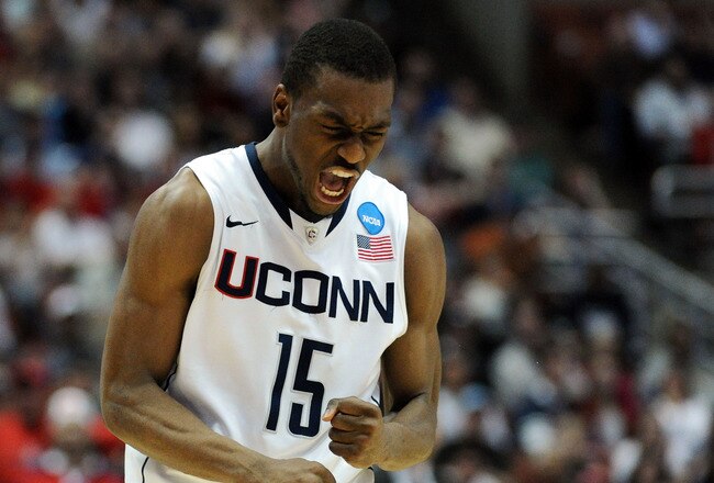 ANAHEIM, CA - MARCH 26:  Kemba Walker #15 of the Connecticut Huskies celebrates after a play towards the end of the game against the Arizona Wildcats during the west regional final of the 2011 NCAA men's basketball tournament at the Honda Center on March