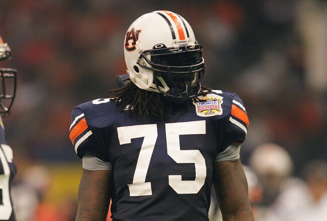NEW ORLEANS - JANUARY 3:  Defensive end Stanley McClover #75 of the Auburn Tigers looks on against the Virginia Tech Hokies during the Nokia Sugar Bowl on January 3, 2005 at the Superdome in New Orleans, Louisiana.  The No. 3 Tigers completed a perfect se