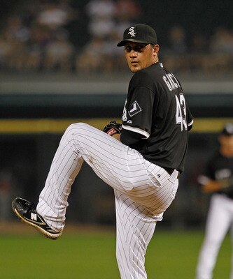 CHICAGO - JULY 07: Starting pitcher Freddy Garcia #43 of the Chicago White Sox delivers the ball against the Los Angeles Angels of Anaheim at U.S. Cellular Field on July 7, 2010 in Chicago, Illinois. The White Sox defeated the Angels 5-2. (Photo by Jonath