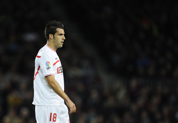 BARCELONA, SPAIN - OCTOBER 30: Alvaro Negredo of Sevilla FC looks on during the La Liga match between Barcelona and Sevilla FC on October 30, 2010 in Barcelona, Spain. Barcelona won the match 5-0. (Photo by David Ramos/Getty Images)