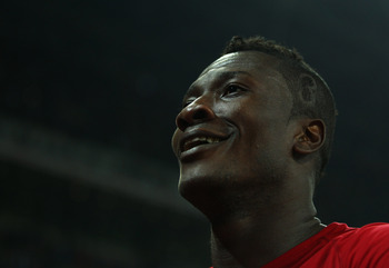 LONDON, ENGLAND - MARCH 29: Asamoah Gyan of Ghana celebrates after the international friendly match between England and Ghana at Wembley Stadium on March 29, 2011 in London, England. (Photo by Julian Finney/Getty Images)