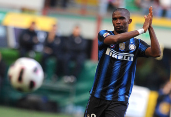 MILAN, ITALY - MARCH 20: Samuel Eto'o of Inter Milan applauds during the Serie A match between FC Internazionale Milano and Lecce at Stadio Giuseppe Meazza on March 20, 2011 in Milan, Italy. (Photo by Tullio M. Puglia/Getty Images)