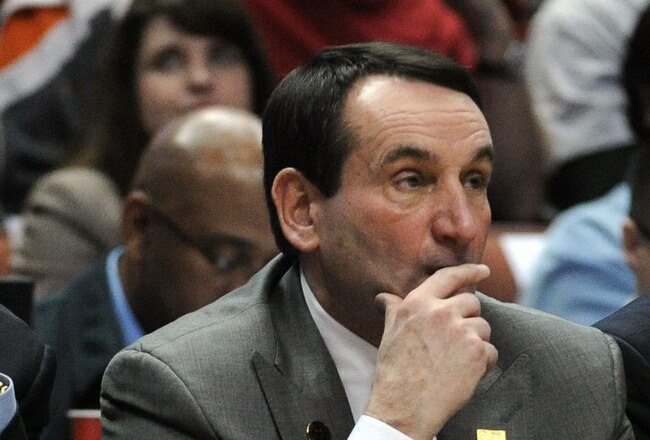 ANAHEIM, CA - MARCH 24:  Head coach Mike Krzyzewski of the Duke Blue Devils looks on from the sidelines during the west regional semifinal of the 2011 NCAA men's basketball tournament at the Honda Center on March 24, 2011 in Anaheim, California.  (Photo b