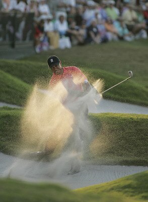 UNITED STATES - MARCH 05:  Tiger Woods plays his third shot on the 18th green in action during the fourth round of the Ford Championship at Doral Golf Resort and Spa in Miami, Florida on March 5, 2006.  (Photo by Michael Cohen/Getty Images)