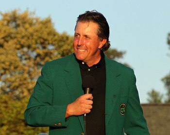 AUGUSTA, GA - APRIL 11:  Phil Mickelson speaks to the gallery during the green jacket presentation after the final round of the 2010 Masters Tournament at Augusta National Golf Club on April 11, 2010 in Augusta, Georgia.  (Photo by Jamie Squire/Getty Imag