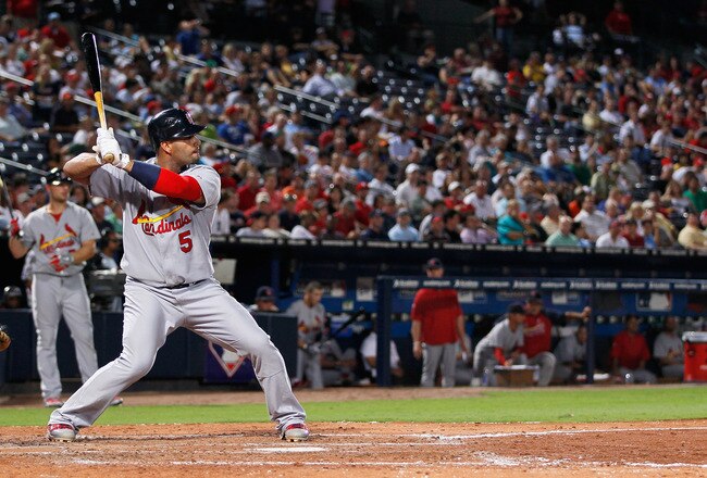 ATLANTA - SEPTEMBER 09:  Albert Pujols #5 of the St. Louis Cardinals against the Atlanta Braves at Turner Field on September 9, 2010 in Atlanta, Georgia.  (Photo by Kevin C. Cox/Getty Images)